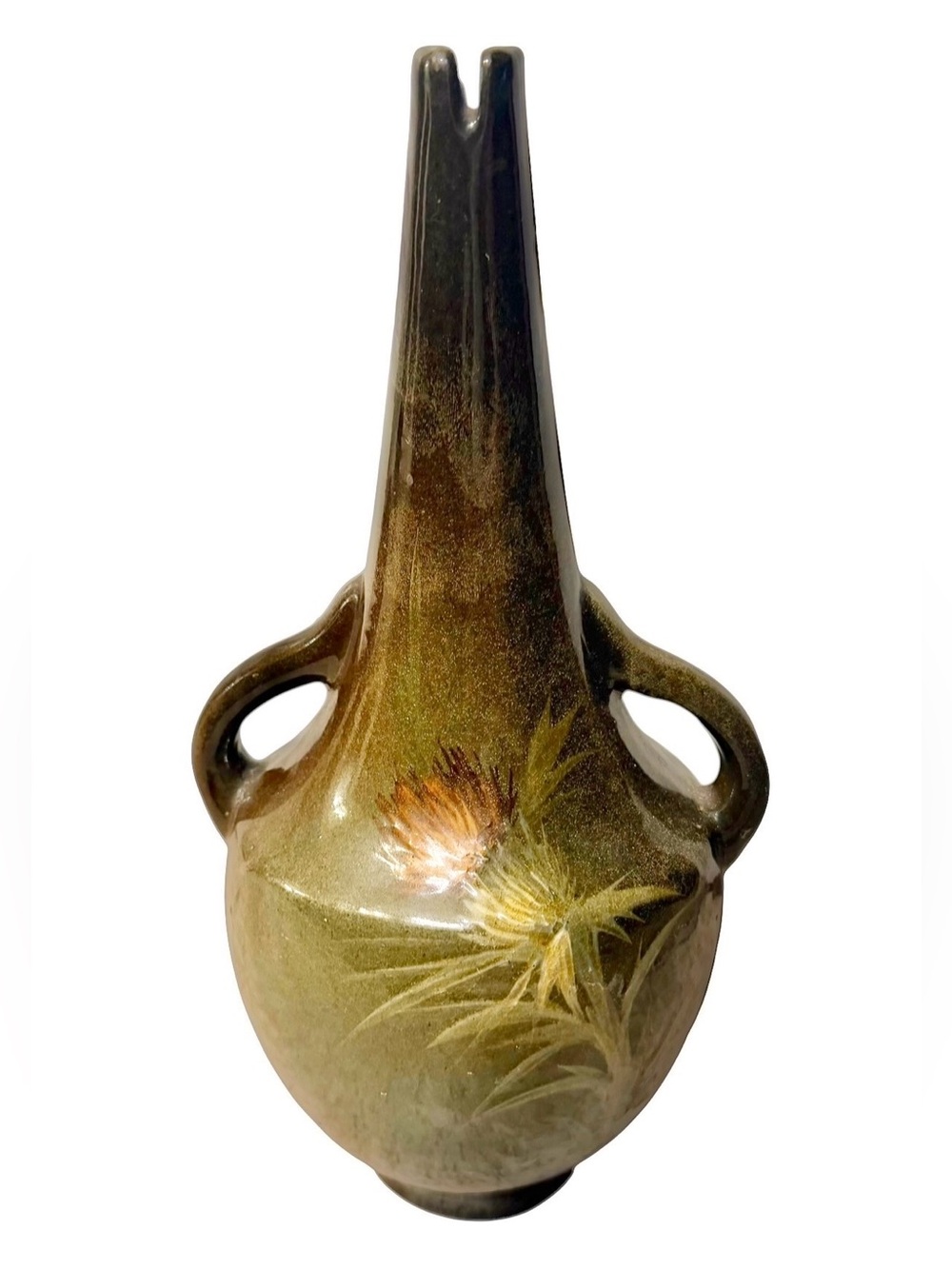 Antique Art Nouveau Pottery Vase Featuring a Hand-Painted Thistle Design